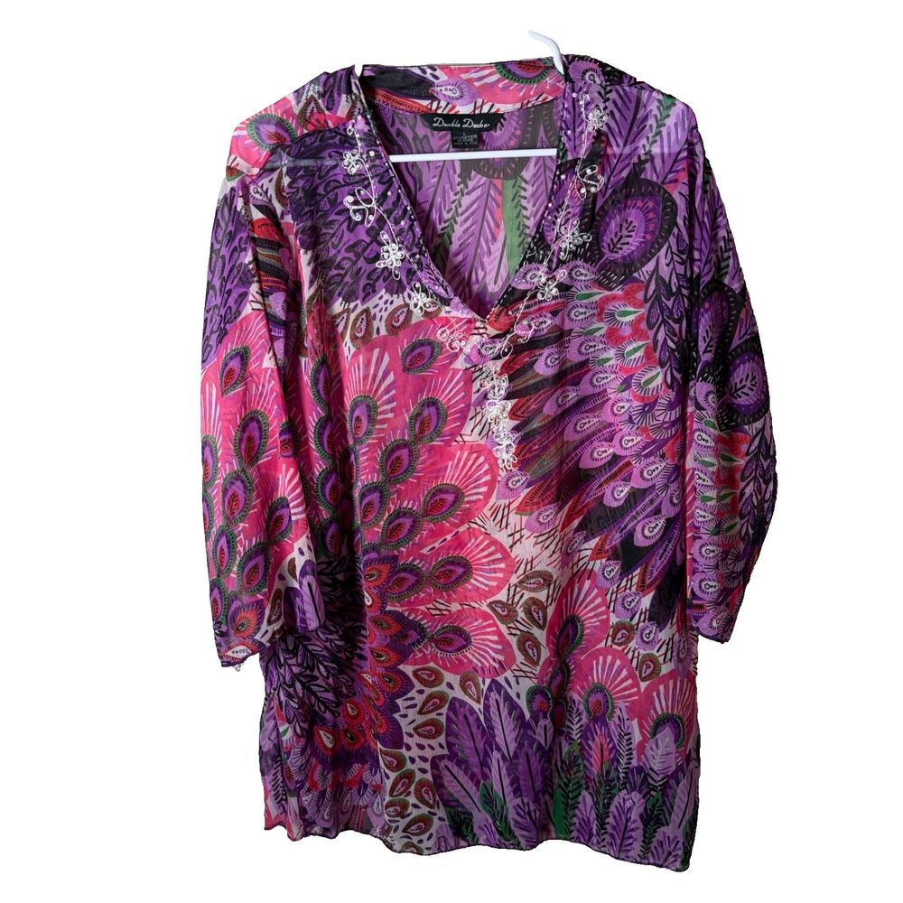 Double Decker Blouse Women's Large Beaded Embroidered V-Neck 3/4 Sleeve Top